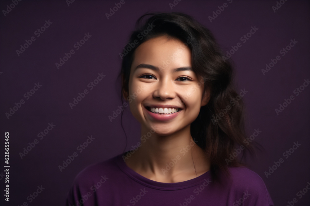 asian mid adult woman smiling on a violet background asian mid adult woman smiling on a violet background