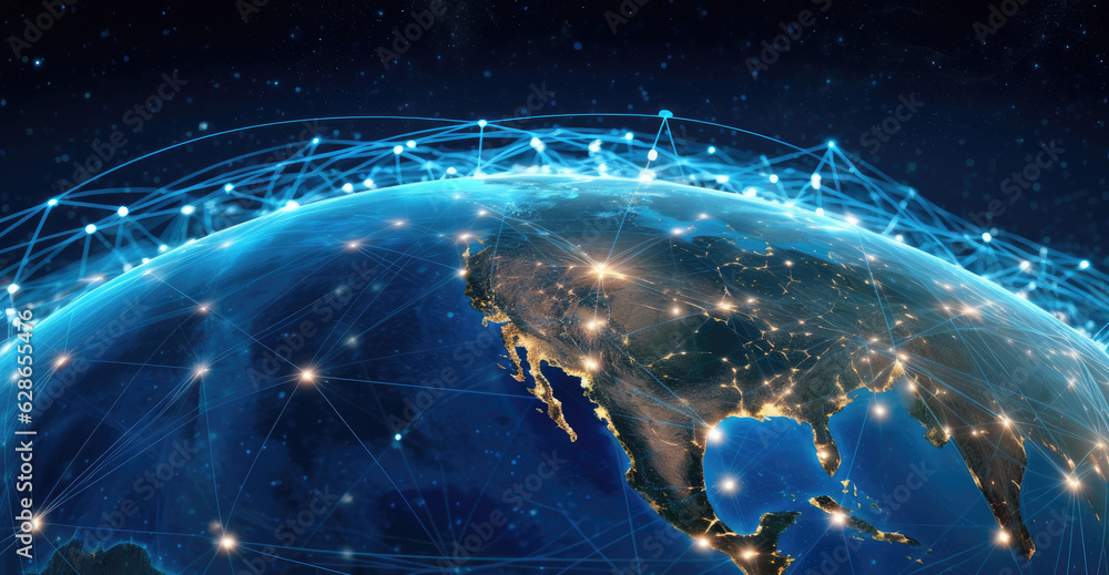 Connect Earth Space view of planet Earth covered with digital connections among ...