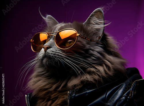 Funny cat in yellow sunglasses. Cat with glasses on purple Background - AI generated  © Lulla