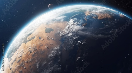 Surface of Earth planet in deep space. Outer dark space wallpaper. View from orbit. Planet Earth background