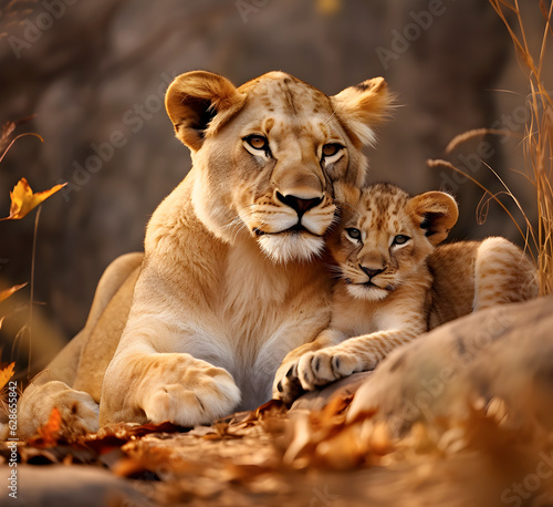 Tela Lioness cuddles with her young cub - AI generated