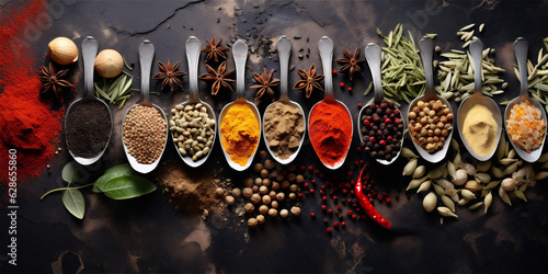 Colorful various herbs and spices on grey marble background, ai generated