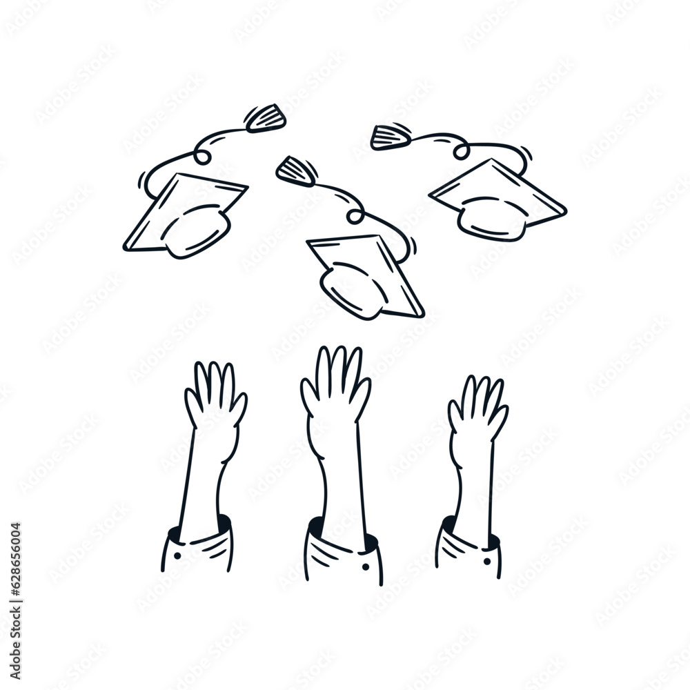 Hands throwing graduation cap up hand drawn. Student celebration