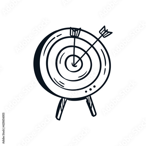 Bow arrow hits the target circle hand drawn icon sketch. Business goal flat line drawing cartoon vector illustration