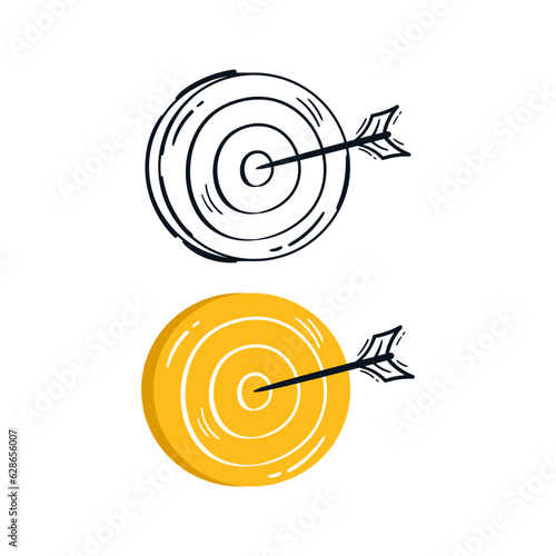 Bow arrow hits the target circle hand drawn icon sketch. Business goal flat line drawing cartoon vector illustration