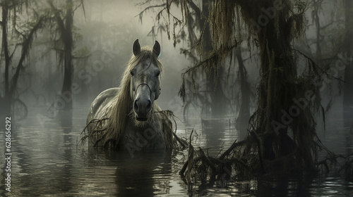 Cavalo mágico em um pântano assustador