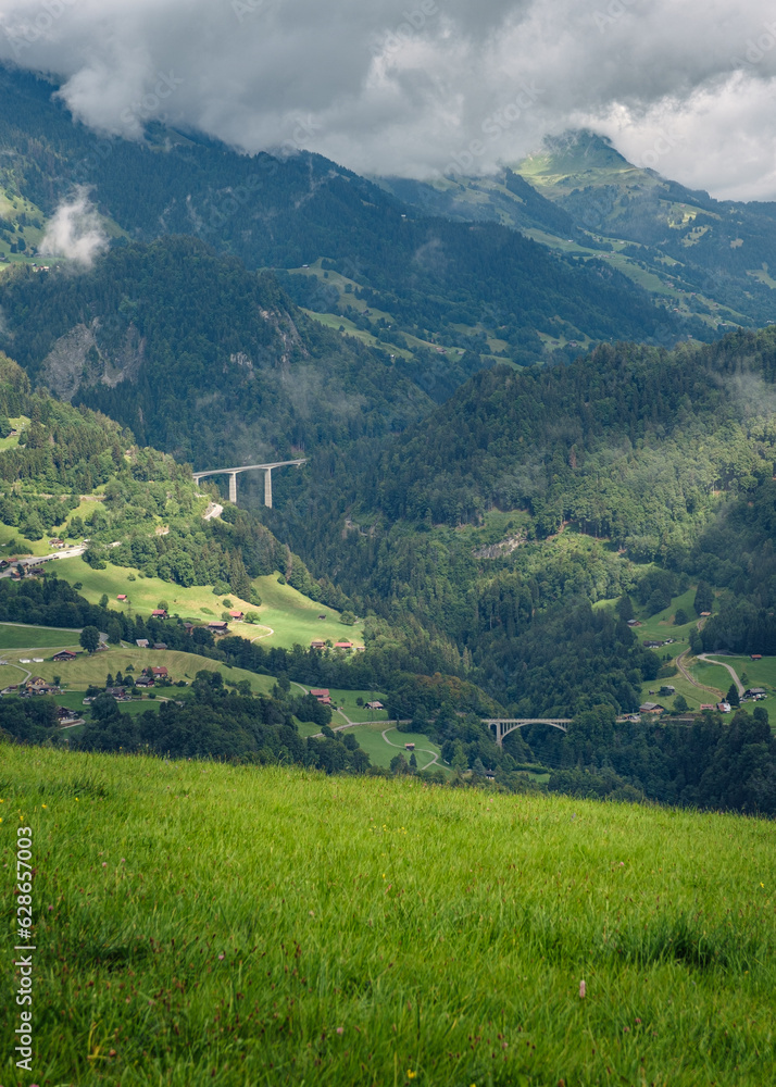 View on a green alpine valley in the Vaud Alps near Aigle on a sunny day. Leysin, Vaud, Switzerland