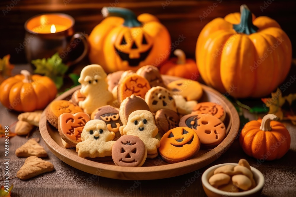 Pie plate with bat, pumpkin, spider figure on christmas table isolated on pale background. Pie plate with bat, pumpkin, spider figure on christmas table isolated on pale background.