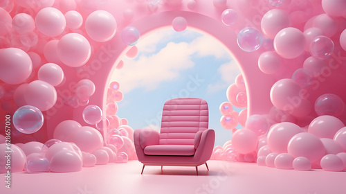 
interior surreal colorido com poltrona rosa e arcos e parede rosa claro, planetas bolhas de sabão, 3d photo