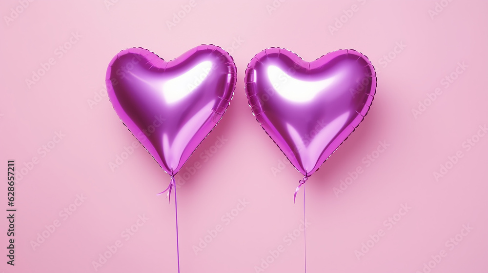 Balões de hélio em forma de coração rosa e roxo em fundo rosa. Balões de ar foil em fundo rosa pastel