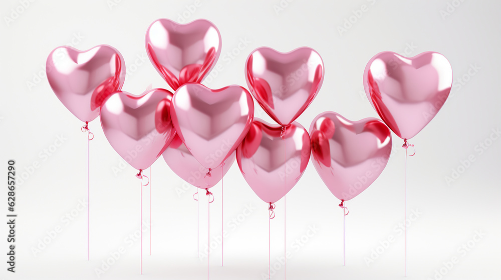 Balões de hélio em forma de coração rosa no fundo branco 