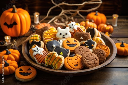 Foto Pie plate with bat, pumpkin, spider figure on christmas table isolated on pale background