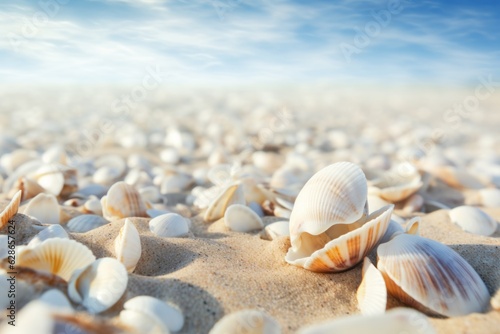 Seashells shells laying on sand sea beach tropical sanded seashore sandy seacoast blue cloudy sky natural beauty calm tranquil ocean seaside environment summer day vacation exotic island background © Yuliia