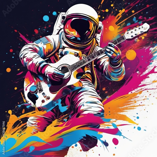 dj astronaut  with headphones and play on guitar created with generative AI software.