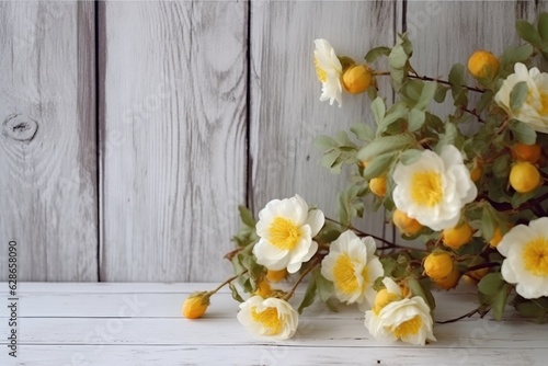 Special occasion flower bouquet on wooden background.