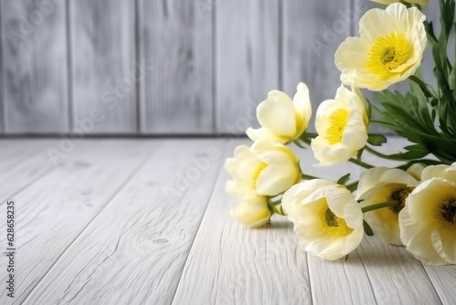 Special occasion flower bouquet on wooden background.