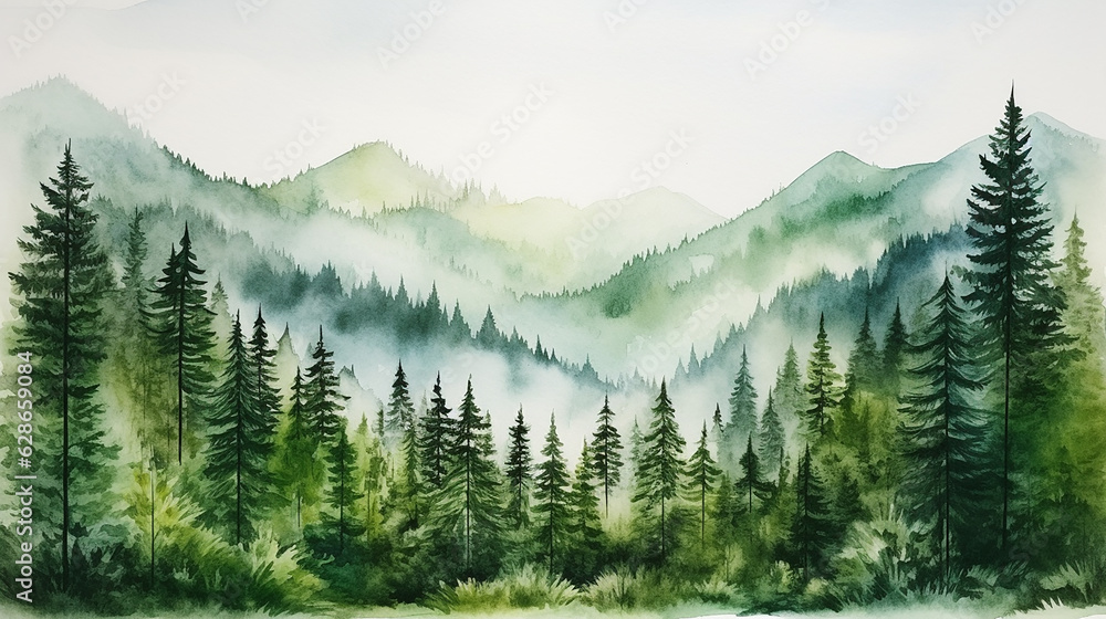 
Paisagem serena da floresta aquarela com montanhas majestosas, pinheiros e exuberantes