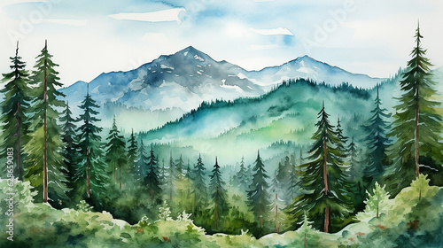 
Paisagem serena da floresta aquarela com montanhas majestosas, pinheiros e exuberantes photo