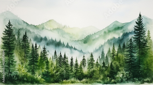  Paisagem serena da floresta aquarela com montanhas majestosas, pinheiros e exuberantes © Alexandre