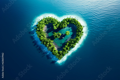island in the ocean in the shape of a heart, surrounded by the ocean, a tropical island in the shape of a heart of love. AI generation