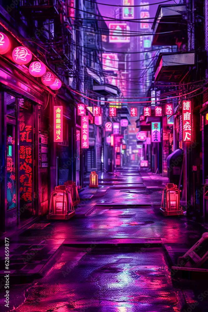 Tokyo Nightscapes: Neon Lights and Kanji Graffiti in Blacklight, Generative AI Tokyo Nightscapes: Neon Lights and Kanji Graffiti in Blacklight, Generative AI