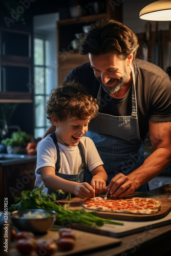 Father and his happy son wearing aprons, they are joyfully cooking pizza together, spreading sauce, sprinkling cheese, and adding their favorite toppings photo