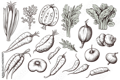 Hand drawn set of vegetable elements, carrot, salad, tomato, onion, lettuce, chili. Comic doodle sketch style. Vegetables element drawn by digital brush-pen. Vector illustration for icon