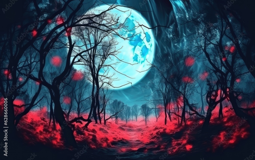 Obraz premium Surreal image of forest in halloween style with red tree and full moon in background.