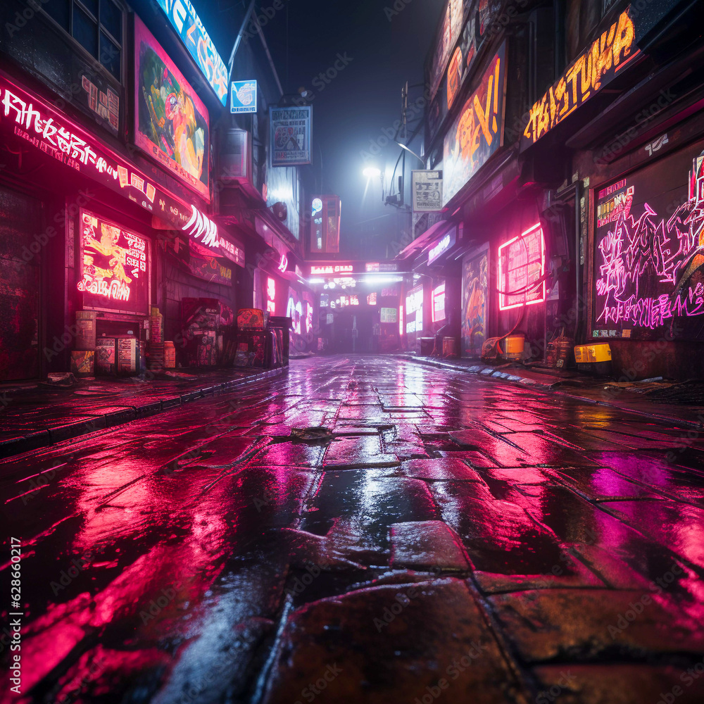 Obraz premium Tokyo Nightscapes: Neon Lights and Kanji Graffiti in Blacklight, Generative AI