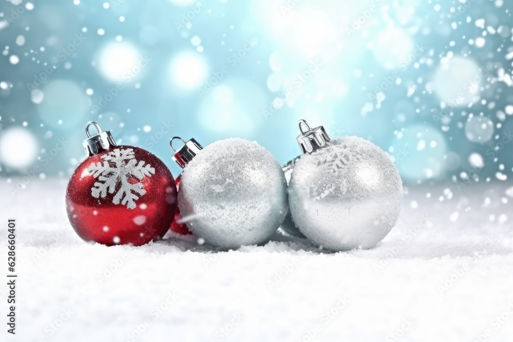 Christmas decor concept with clear, red and silver balls on snowy background in forest isolated on background. Christmas decor concept with clear, red and silver balls on snowy background in forest isolated on background.