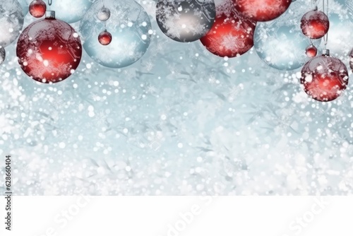 Christmas decor concept with clear, red and silver balls on snowy background in forest isolated on background.