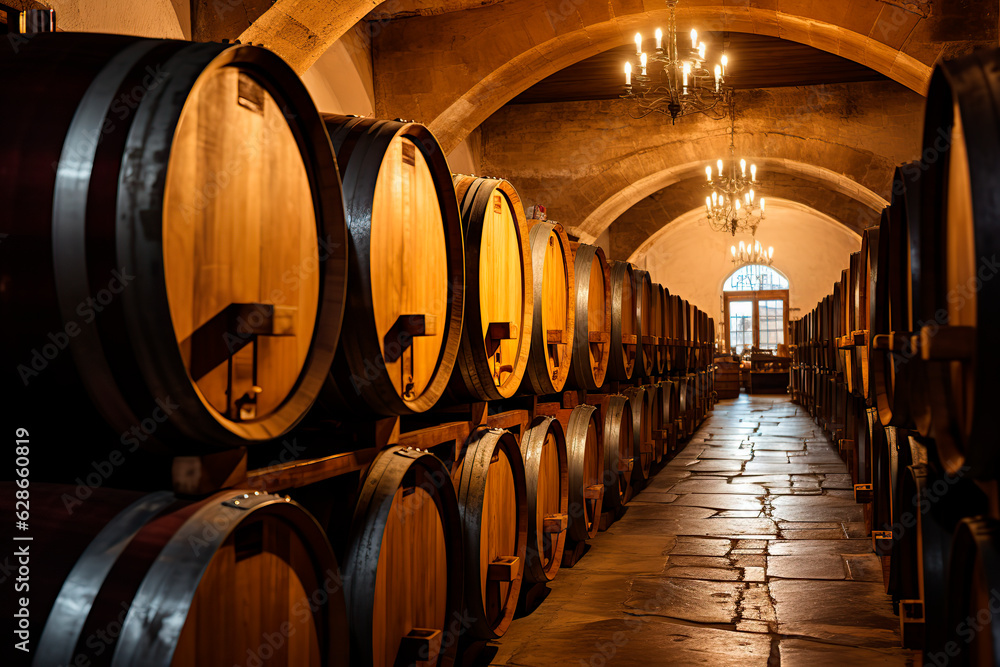 Vintage wine cellar with old oak barrels, production of fortified dry or sweet tasty marsala wine