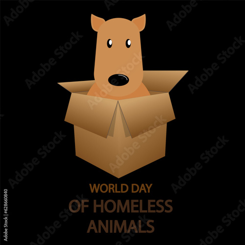 Homeless animals day dog in a box, vector art illustration.