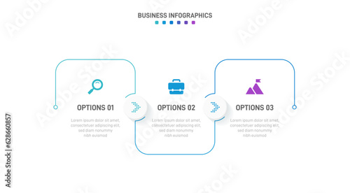 Timeline infographic with infochart. Modern presentation template with 3 spets for business process. Website template on white background for concept modern design. Horizontal layout.