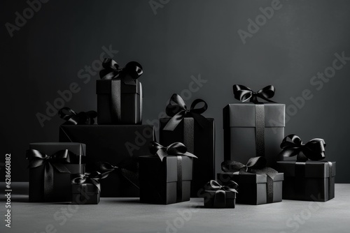 Black gift boxes on a black background.