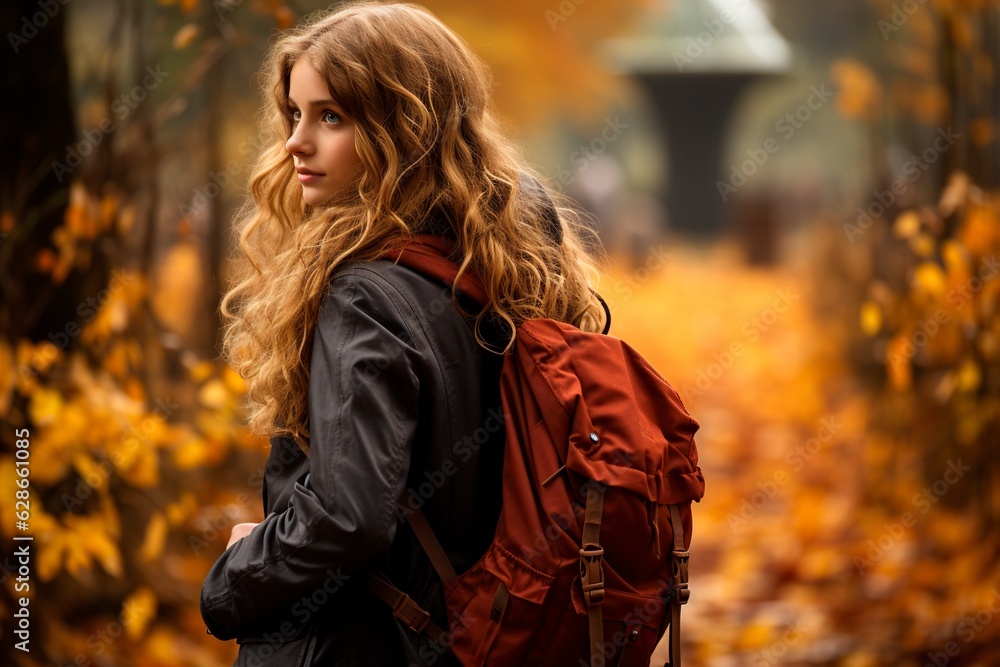 Teenage girl with a backpack goes to school on a beautiful autumn street. Ai generated Teenage girl with a backpack goes to school on a beautiful autumn street. Ai generated