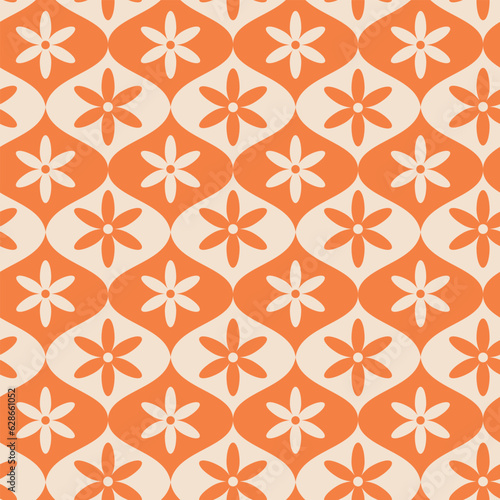 Retro white and orange flowers on ogee seamless pattern. For home décor, wallpaper, fabric and textile	