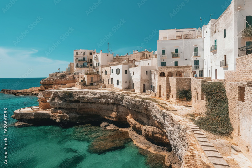 A ride along the coast of Puglia with views of historic sites and the azure waters of the Adriatic Sea Generative AI