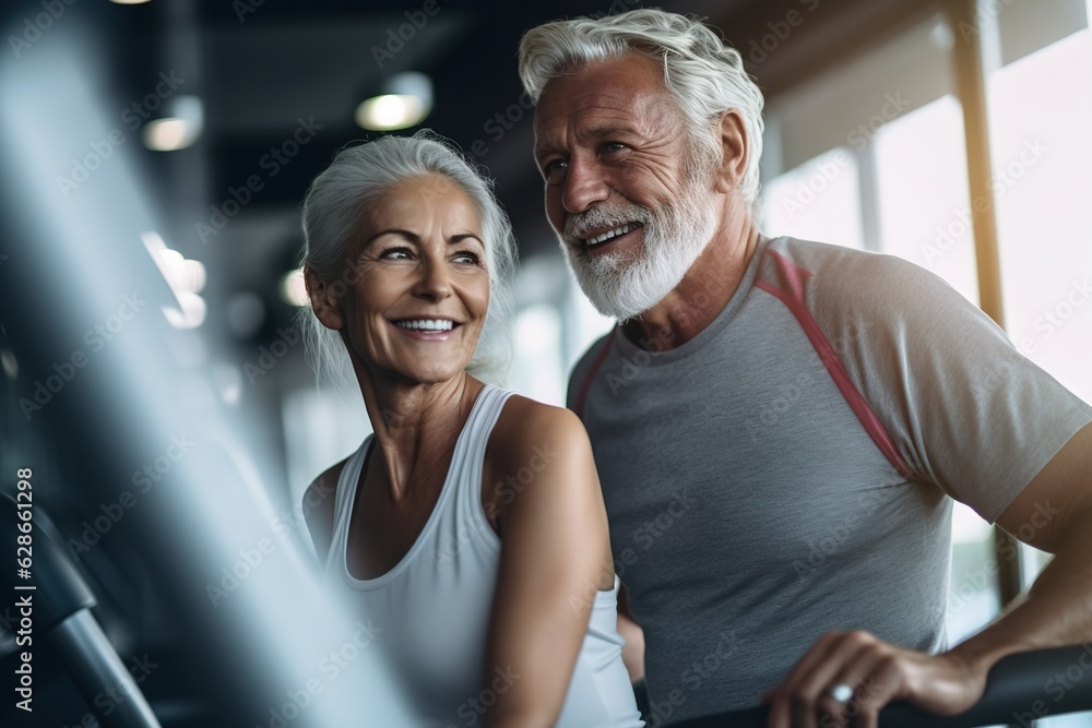Fototapeta premium senior woman man exercise gym fitness couple sport healthy elderly health training active happy treadmill old fit mature female adult workout body vitality
