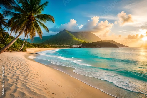 Beach with beautiful coastline. Palm trees and Caribbean sea  Color water is turquoise  white sand and green palm trees. Little foaming waves.