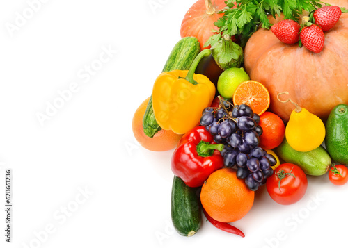 Fruits and vegetables isolated on white . Free space for text.