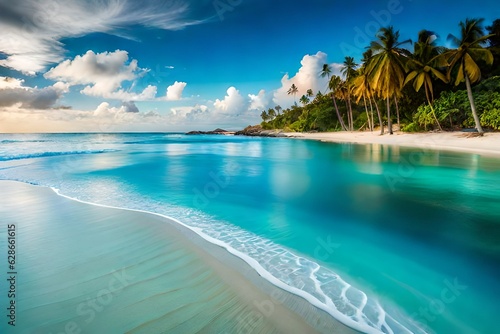 Beach with beautiful coastline. Palm trees and Caribbean sea, Color water is turquoise, white sand and green palm trees. Little foaming waves.