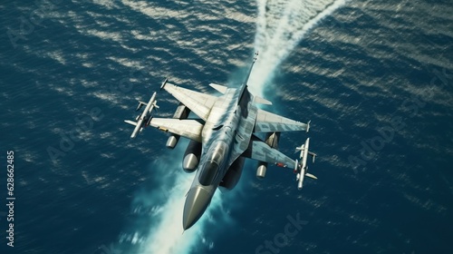 F-16 air force fighter flying over the sea at super low altitude. Jet military aircraft launching missiles, makes a training flight. Closeup top view. 3D rendering.