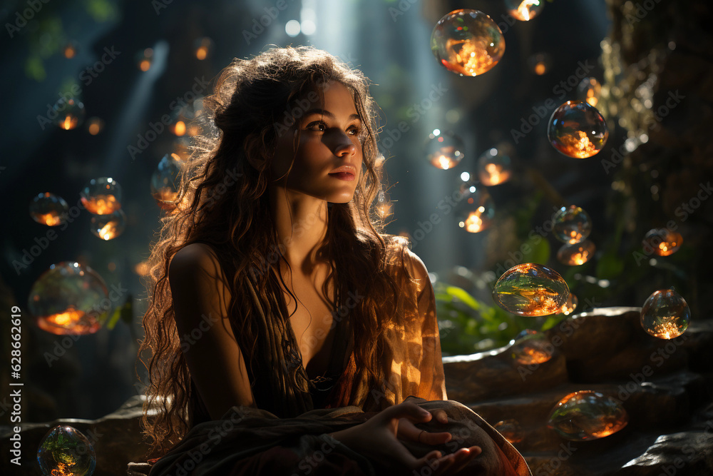 An ethereal forest scene with crystals, a woman meditating, connecting with the universe An ethereal forest scene with crystals, a woman meditating, connecting with the universe