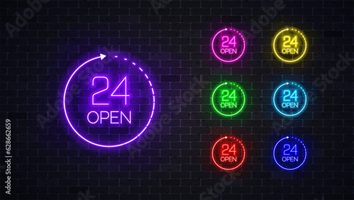 Neon sign open 24 hours. Neon icon for  stores , club, bar, cafe or other business. Vector illustration
