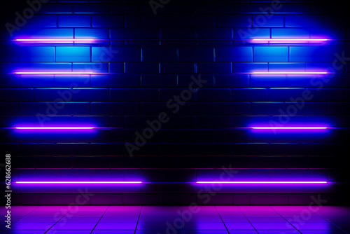 neon room. Dark brick wall with neon lights and backlight. Empty room and wall. Empty place. Banner