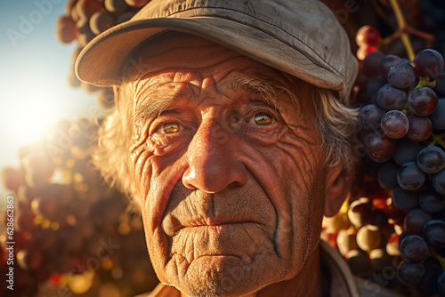 male farmer in a cap in front of his vineyard