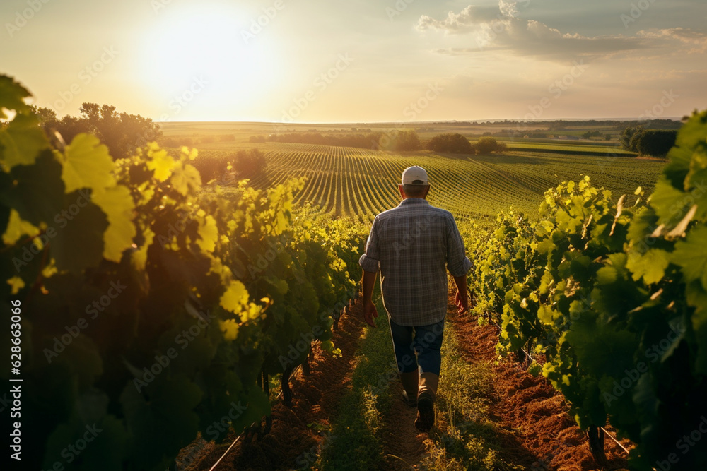 male farmer in the vineyard at sunset