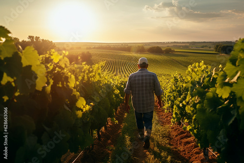 male farmer in the vineyard at sunset