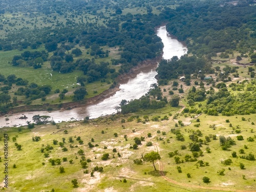 An Aaerial view of the Maasai Mara Conservancy and Mara River about 150 miles west of Nairobi, Kenya, Africa photo